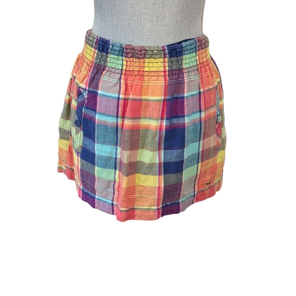 Hollister Plaid Multi Color Lined Skirt Pull on 2 Front Pockets Size Small Linen